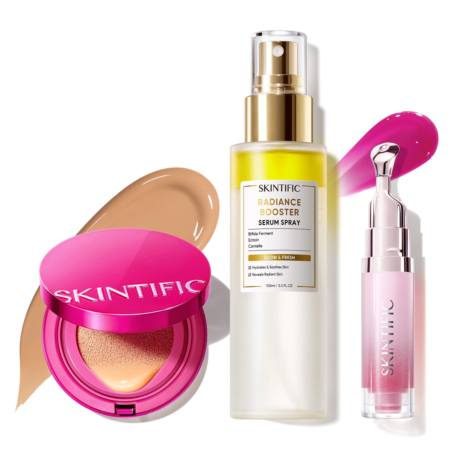 Cushion Glow Cover + Spray Sérum Potenciador + Sérum Labial